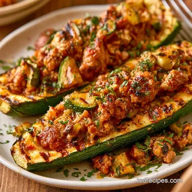 Grilled Stuffed Zucchini Boats: Sausage Recipe Card