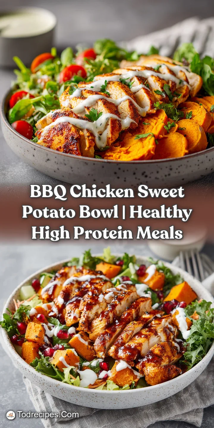 Close-up of a sweet potato bowl featuring juicy BBQ chicken, charred corn, and a rich, glistening barbecue sauce.