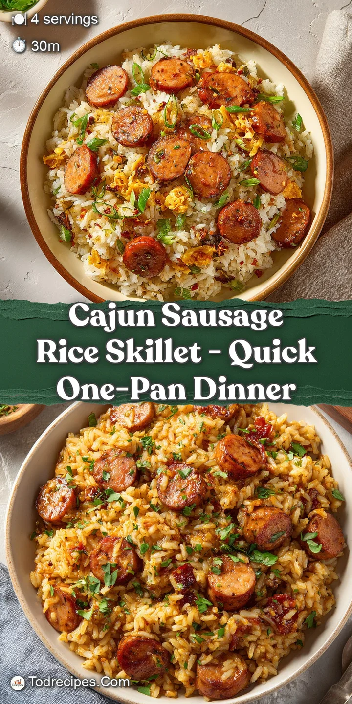 Close-up of spicy Cajun sausage and rice, highlighting the vibrant colors and enticing textures of the skillet dish.
