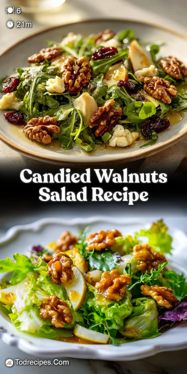 Close-up of glistening, golden candied walnuts nestled amongst fresh salad greens and juicy cranberries, a tempting and sw...