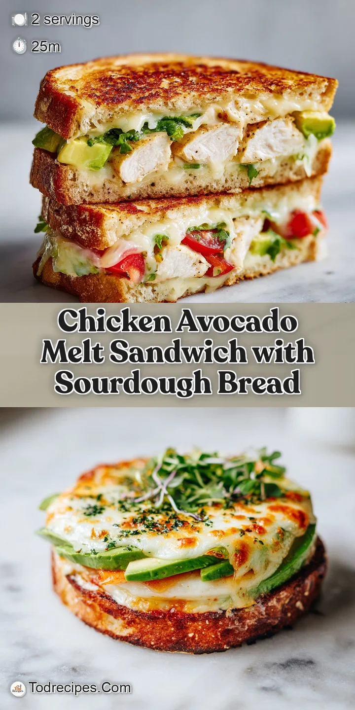 Close-up on a chicken avocado melt reveals juicy chicken, ripe avocado and melted cheese between slices of toasted bread.