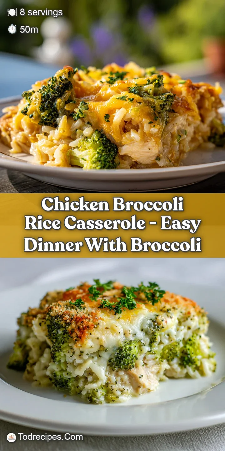 Close-up of a chicken broccoli rice casserole: creamy, cheesy sauce coats tender chicken, vibrant green broccoli, and perf...