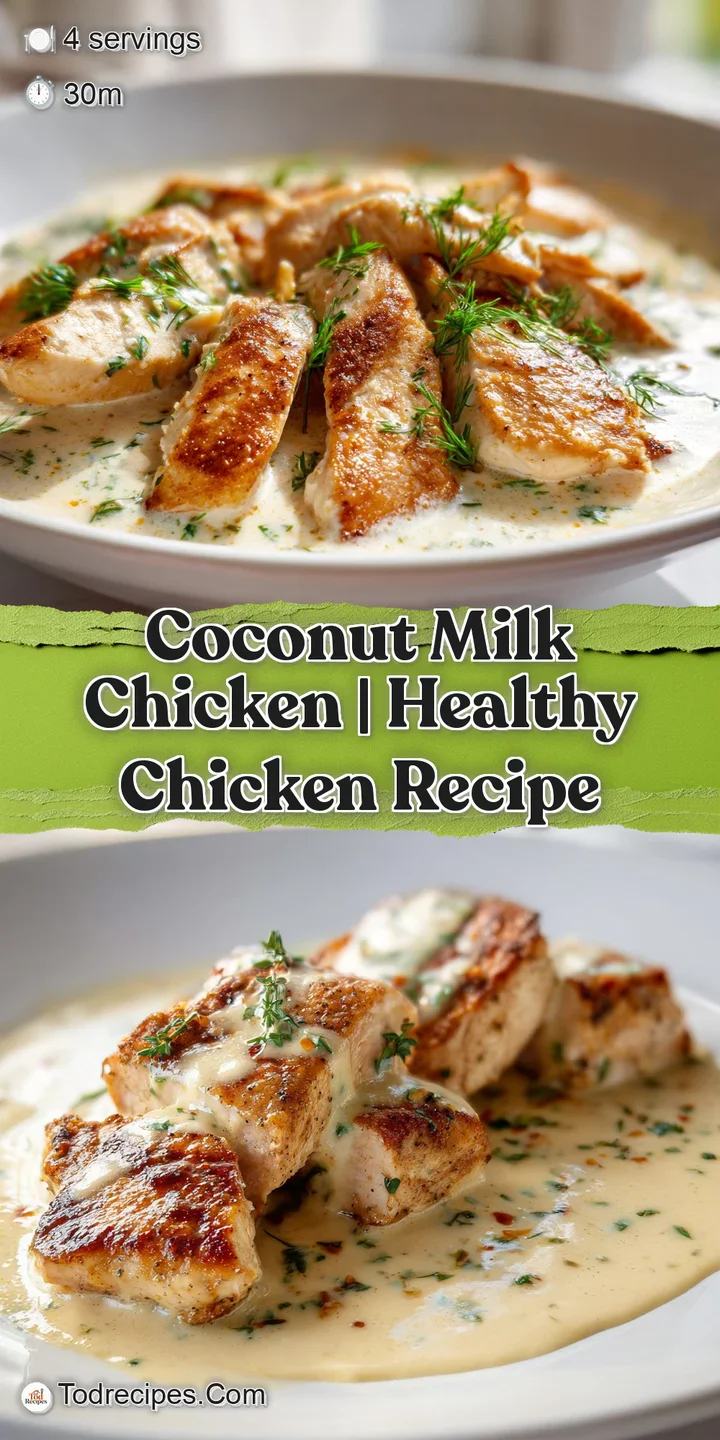 Close-up of succulent chicken drenched in a glossy, creamy coconut sauce with a sprinkle of red chili flakes.