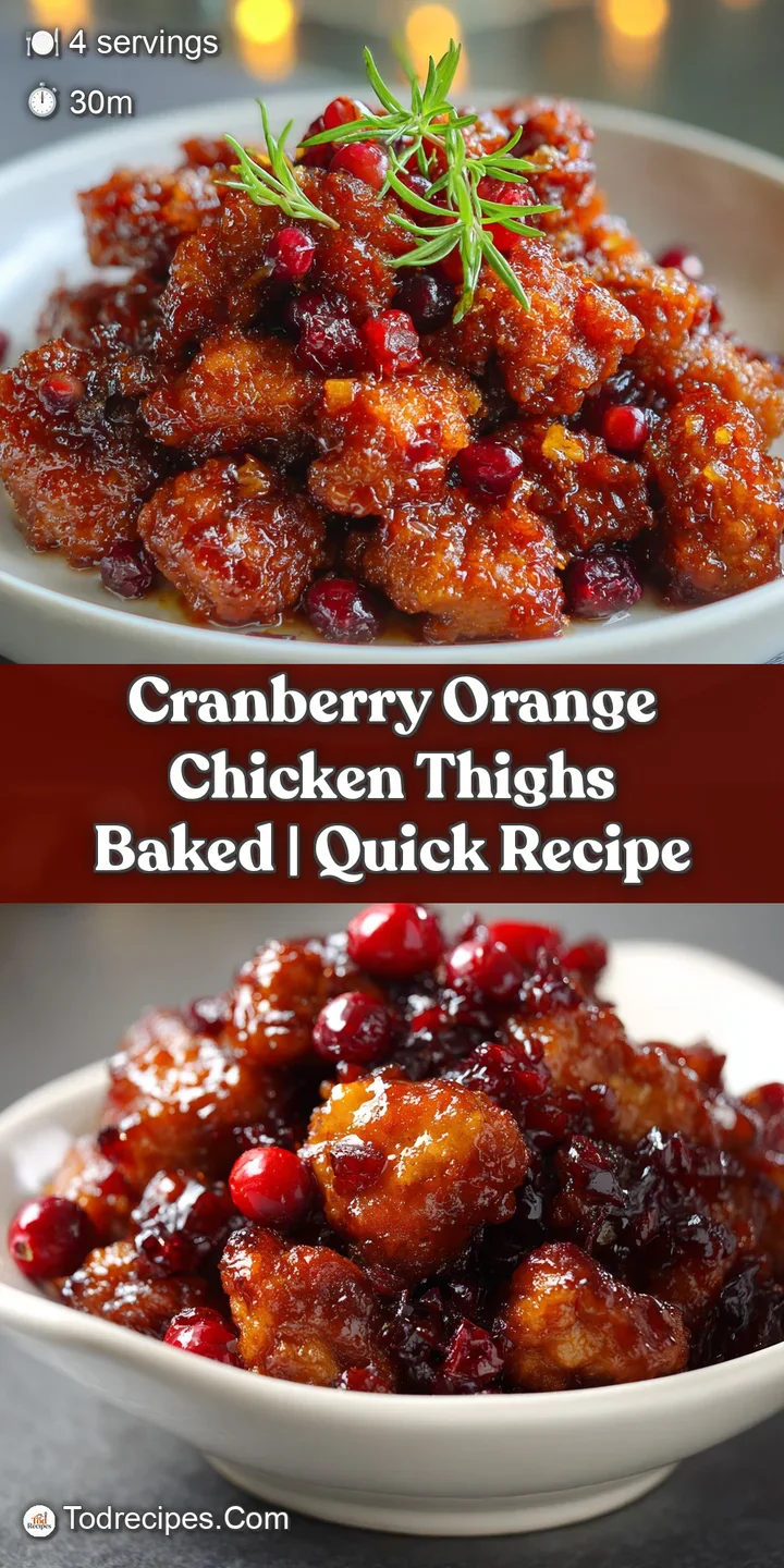 Close-up of juicy cranberry orange chicken showcasing the glistening, slightly sticky glaze and tender, browned edges of t...