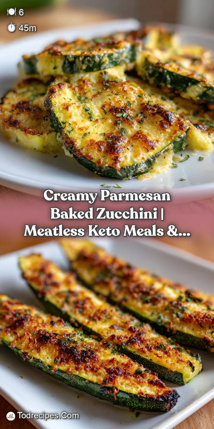 Close-up of creamy, bubbly parmesan cheese topping tender, lightly browned zucchini slices.