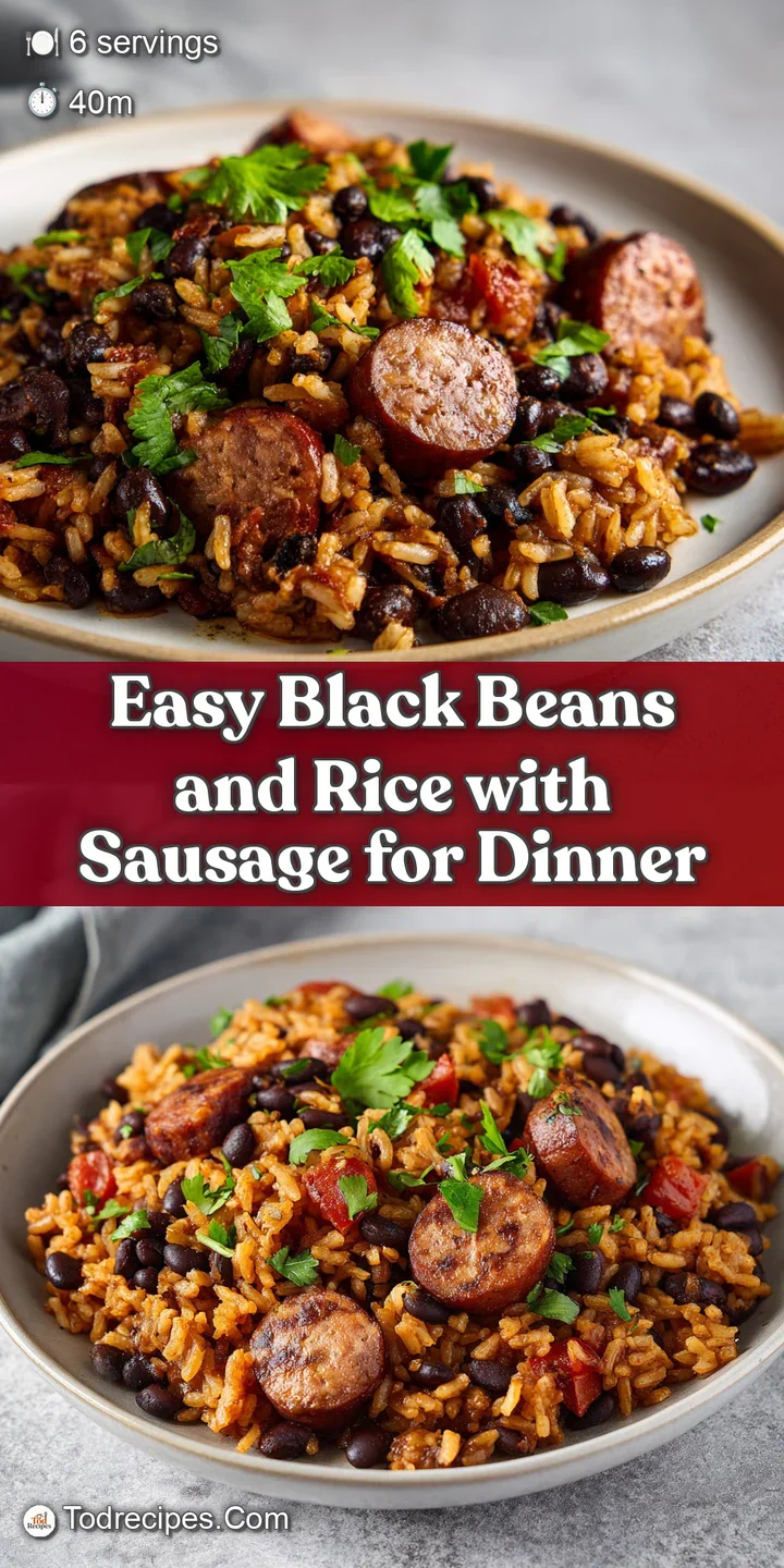 Close-up of glistening black beans and savory sausage, steam rising gently, hinting at a flavorful dish.