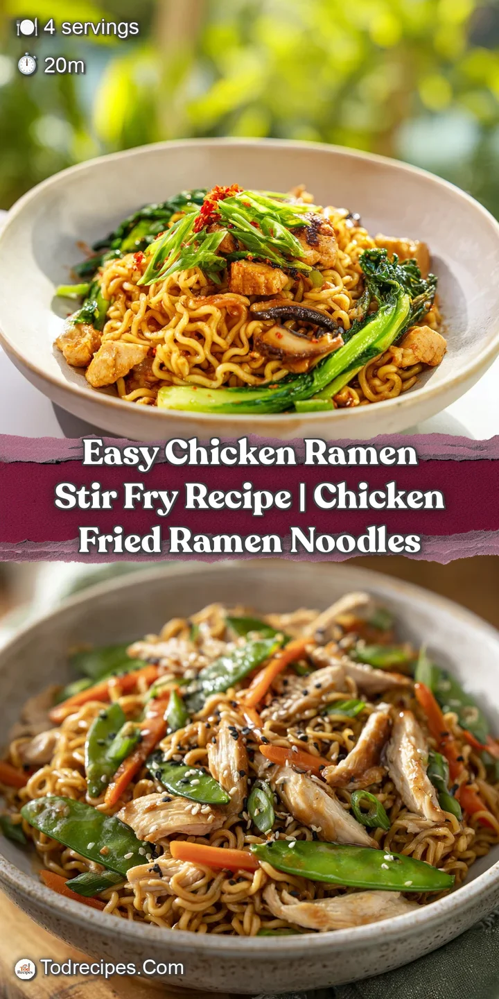 Close-up of chicken ramen stir-fry showcasing steaming noodles, succulent chicken, and vibrant vegetables coated in a rich...