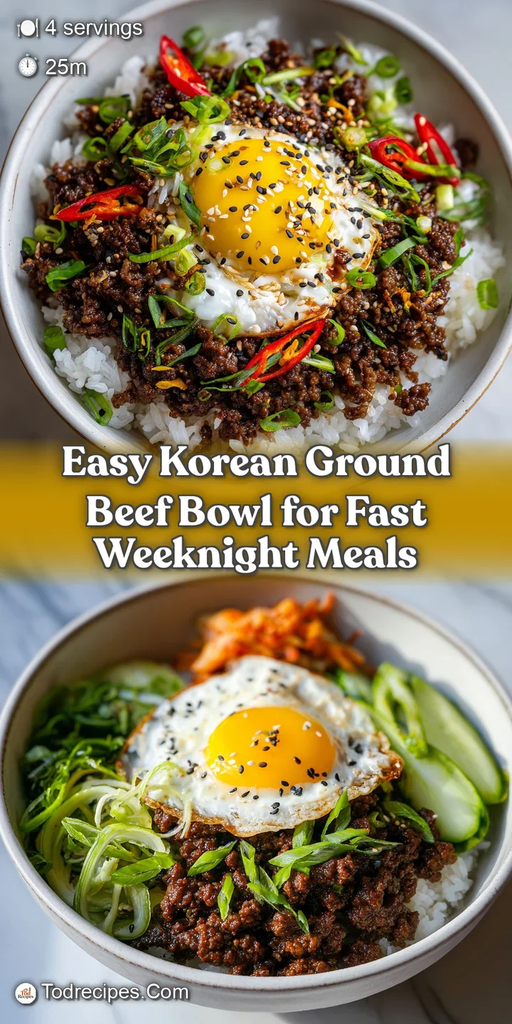 Close-up of glistening Korean ground beef, showing its rich color & texture, artfully arranged over fluffy rice with sesam...