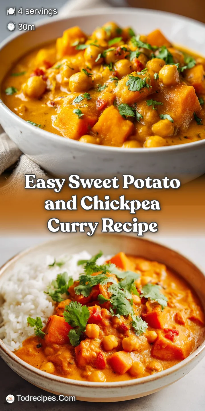 Close-up of tender sweet potatoes and chickpeas simmering in a rich, reddish-brown curry sauce, hints of green herbs visible.