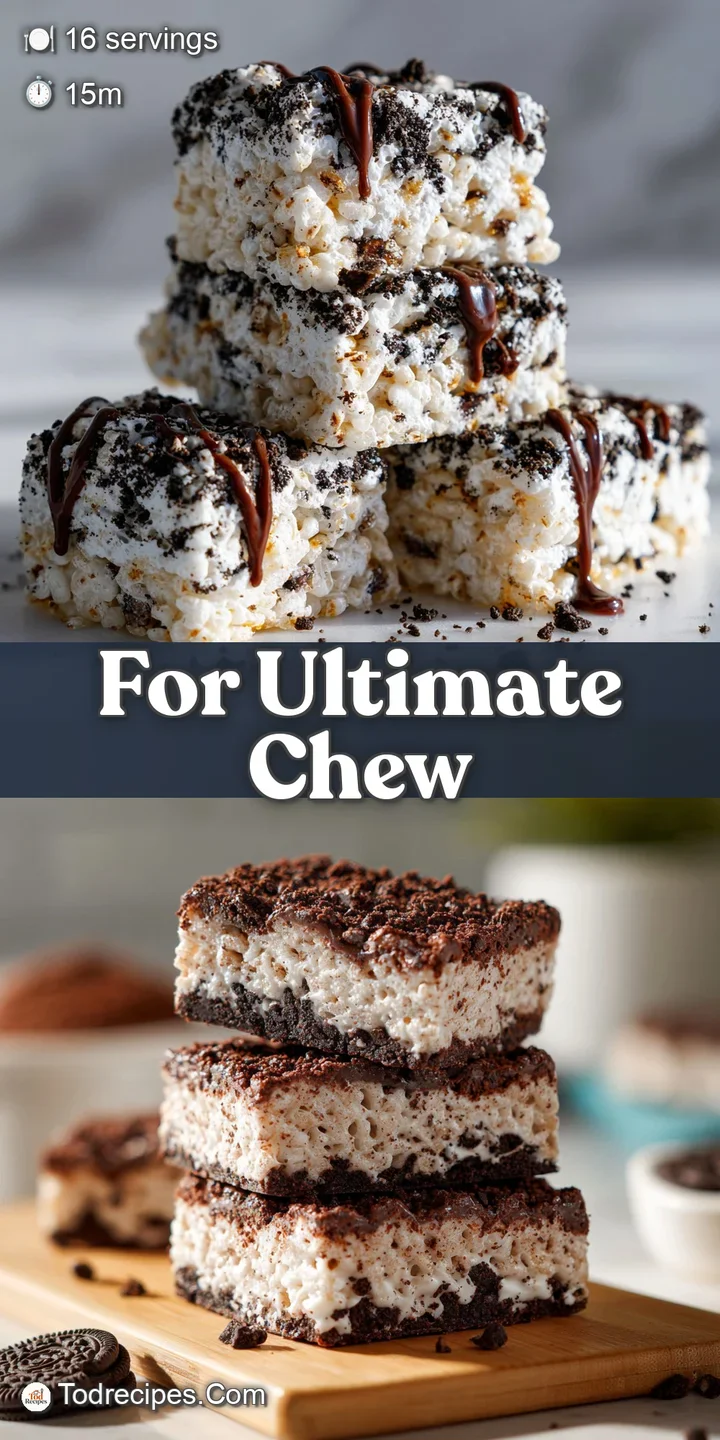 Close-up of a rice crispy treat showing the crunchy cereal, creamy marshmallow, and dark chocolate Oreo chunks.