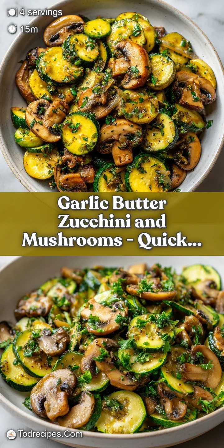 Close-up of perfectly cooked zucchini slices and plump mushrooms coated in golden garlic butter.