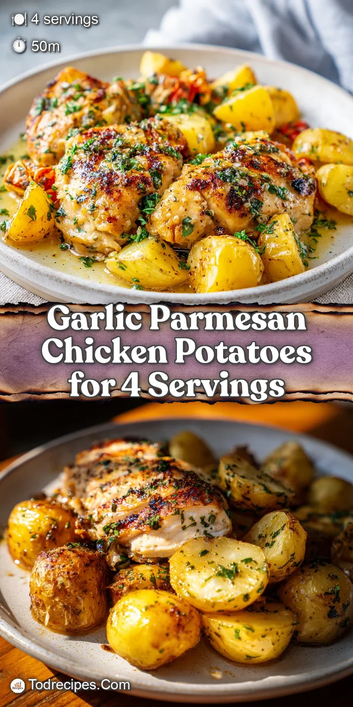 Close-up reveals a tender, glistening chicken piece with crispy, browned edges and parmesan-crusted potatoes.