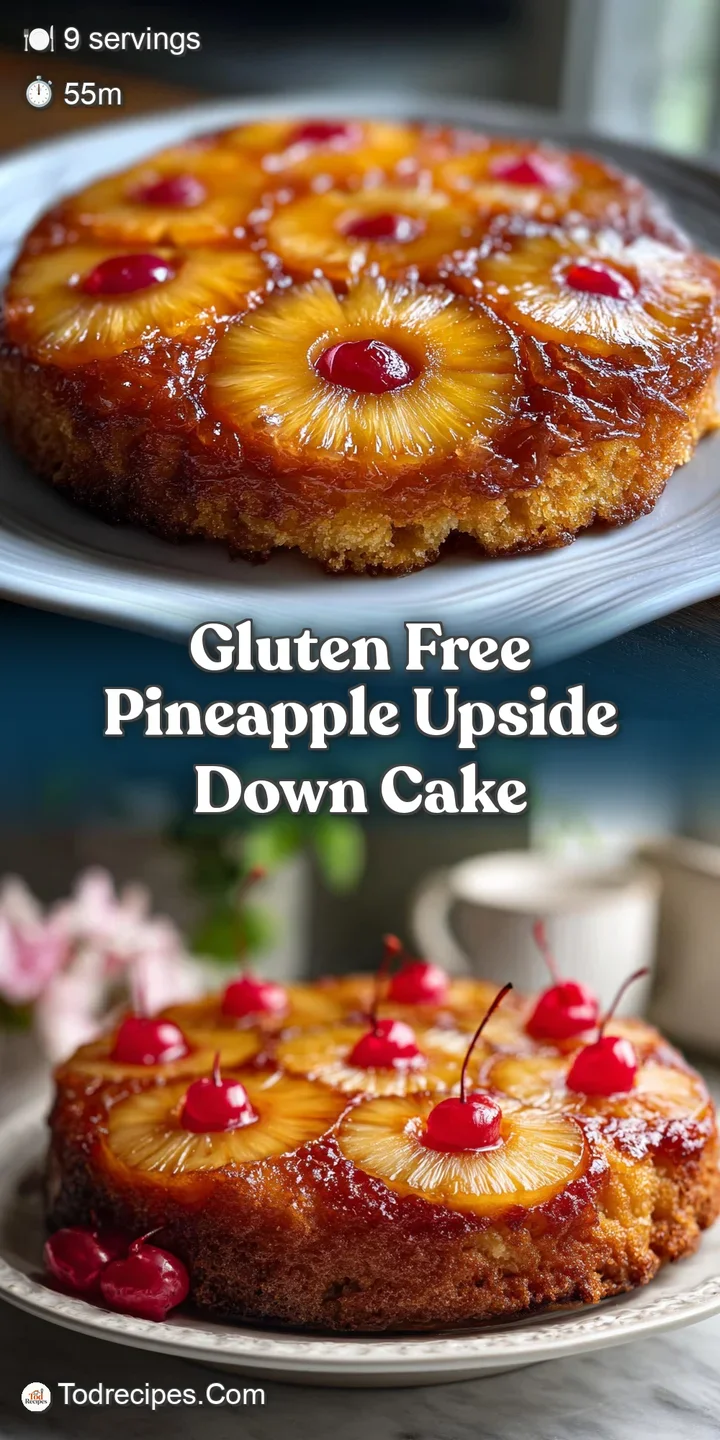 Up-close, the glistening, caramelized surface of this gluten-free cake showcases the bright, juicy pineapple and plump mar...