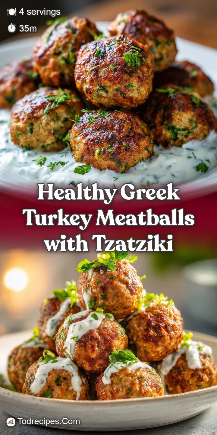 Close-up of juicy turkey meatballs, speckled with herbs and spices, alongside a creamy, tangy tzatziki sauce. Delicious an...