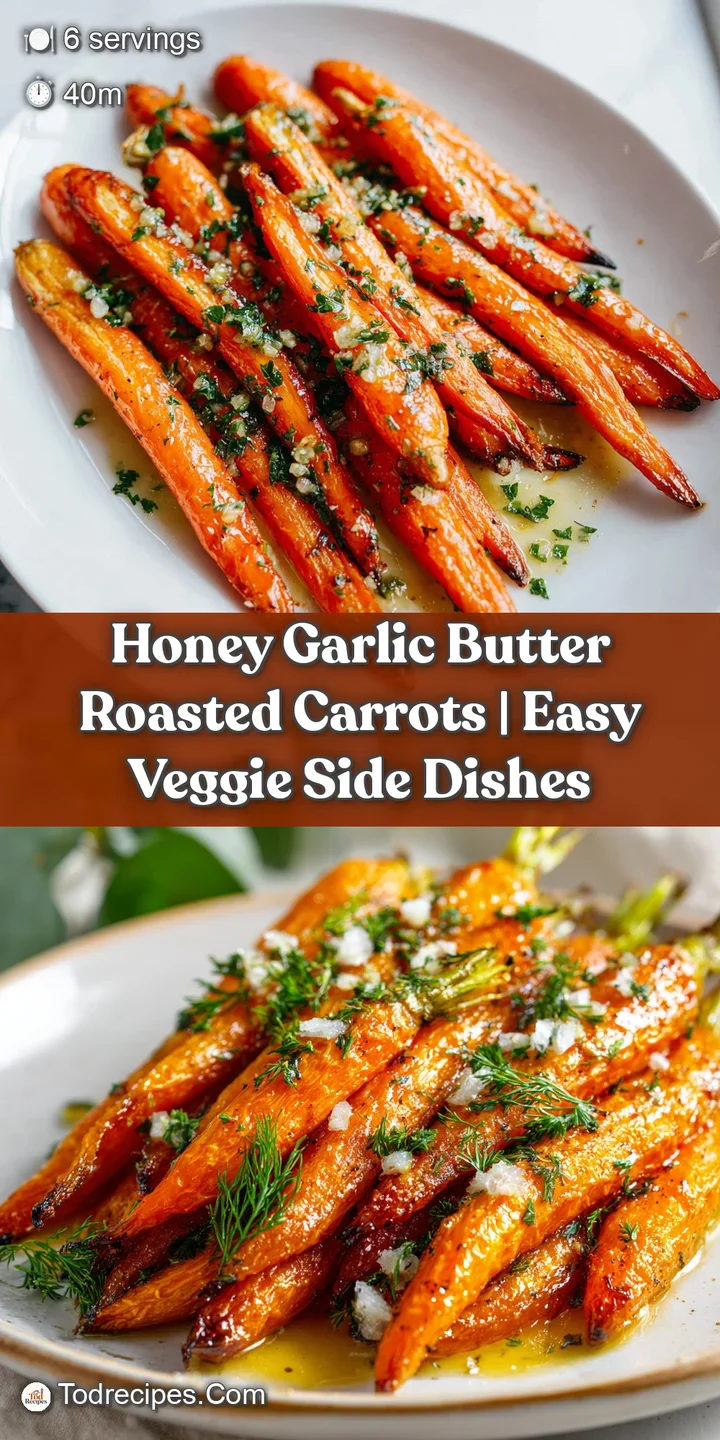 Close-up of bright orange roasted carrots, coated in sticky honey-garlic butter, showcasing tender interiors and crisp edges.
