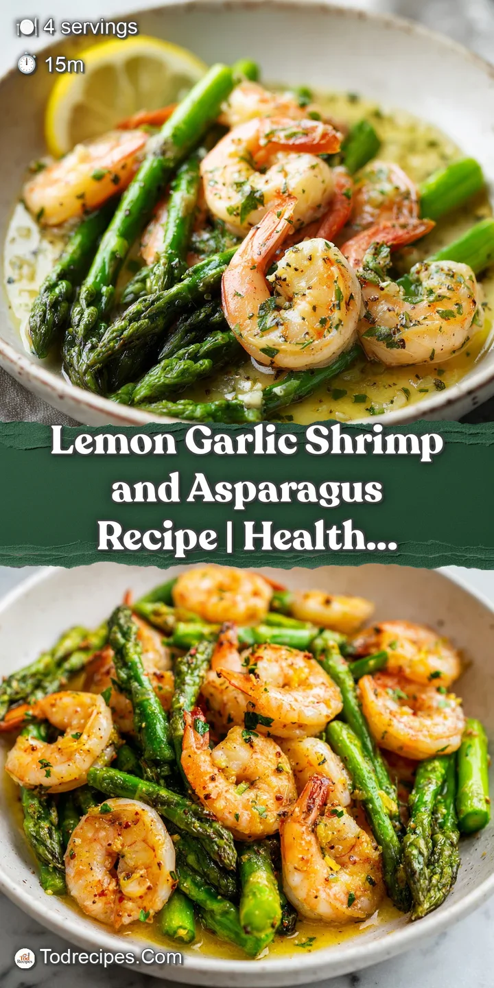 Close-up of juicy, saut&eacute;ed shrimp coated in a light lemon-garlic glaze, alongside tender asparagus, highlighting freshness...