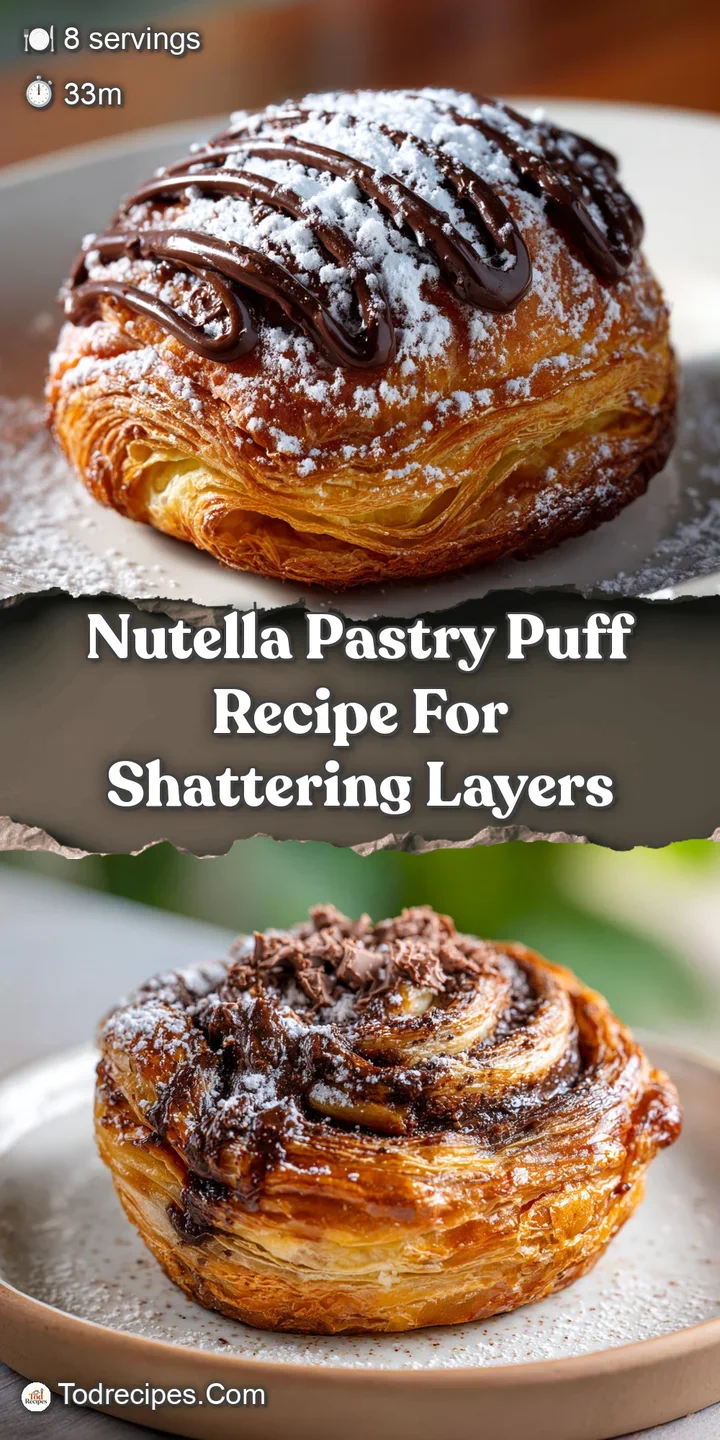 Close-up of a Nutella pastry puff revealing swirls of creamy hazelnut filling; flaky crust glistening, ready to be devoured.