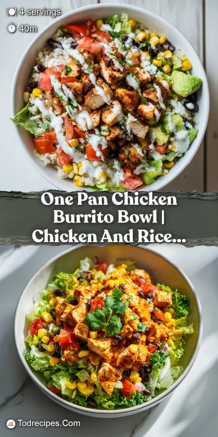 Close-up of a chicken burrito bowl, highlighting juicy chicken, colorful salsa, and fluffy rice, creating an appetizing an...