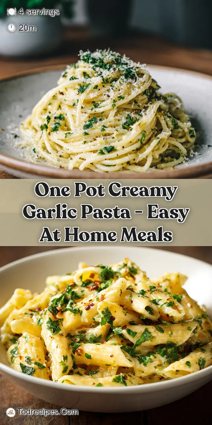 Close-up of creamy pasta with visible garlic and herbs. Steamy and inviting, promising a comforting, flavorful bite.