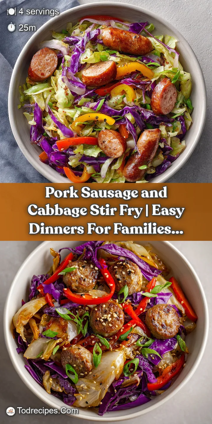 Close-up showcases the glistening, slightly charred sausage and tender cabbage, highlighted by fresh herbs and a rich, sav...