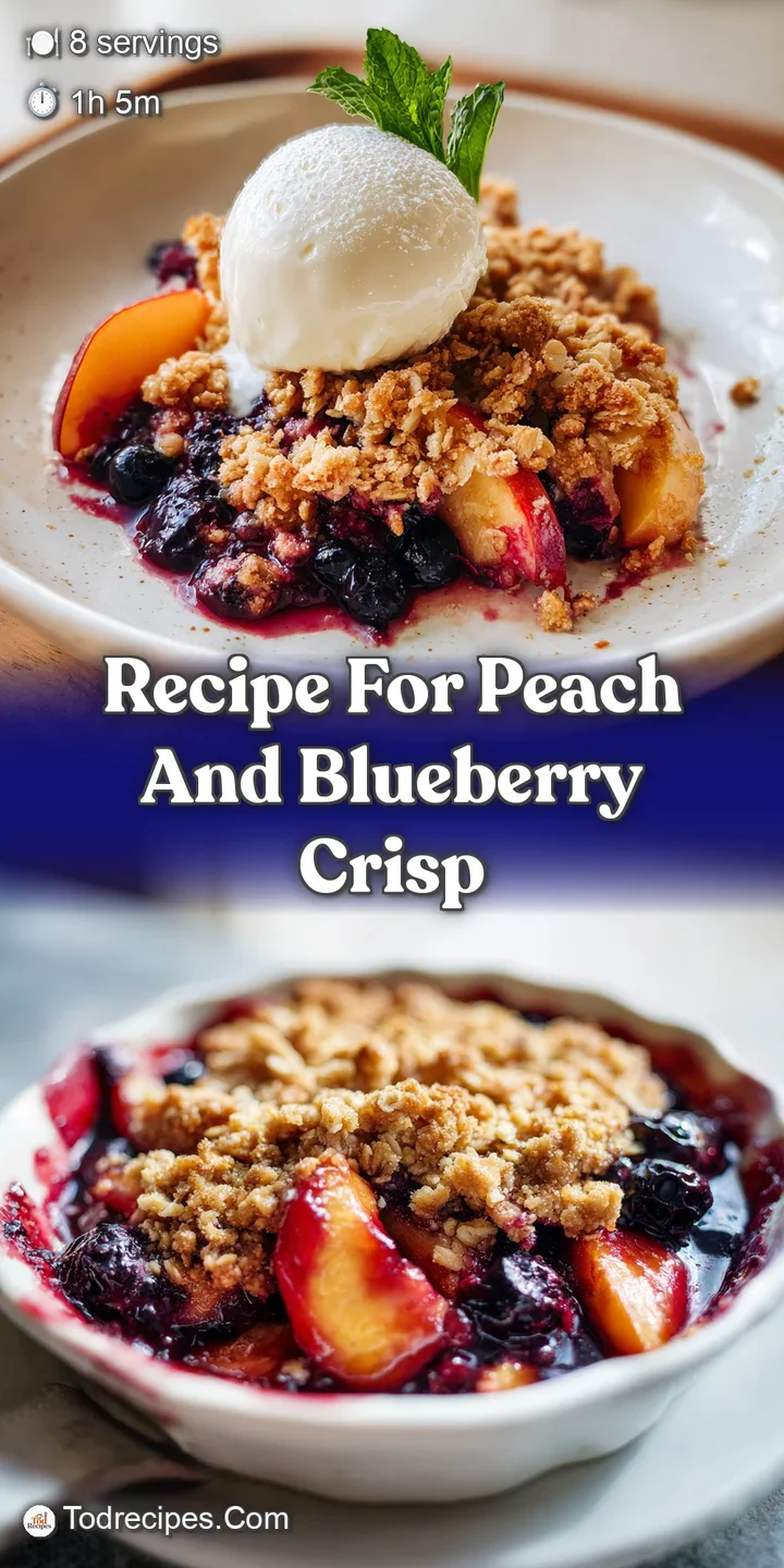 Close-up of juicy baked peaches and plump blueberries under a crunchy oat topping, hinting at warmth and comforting sweetn...
