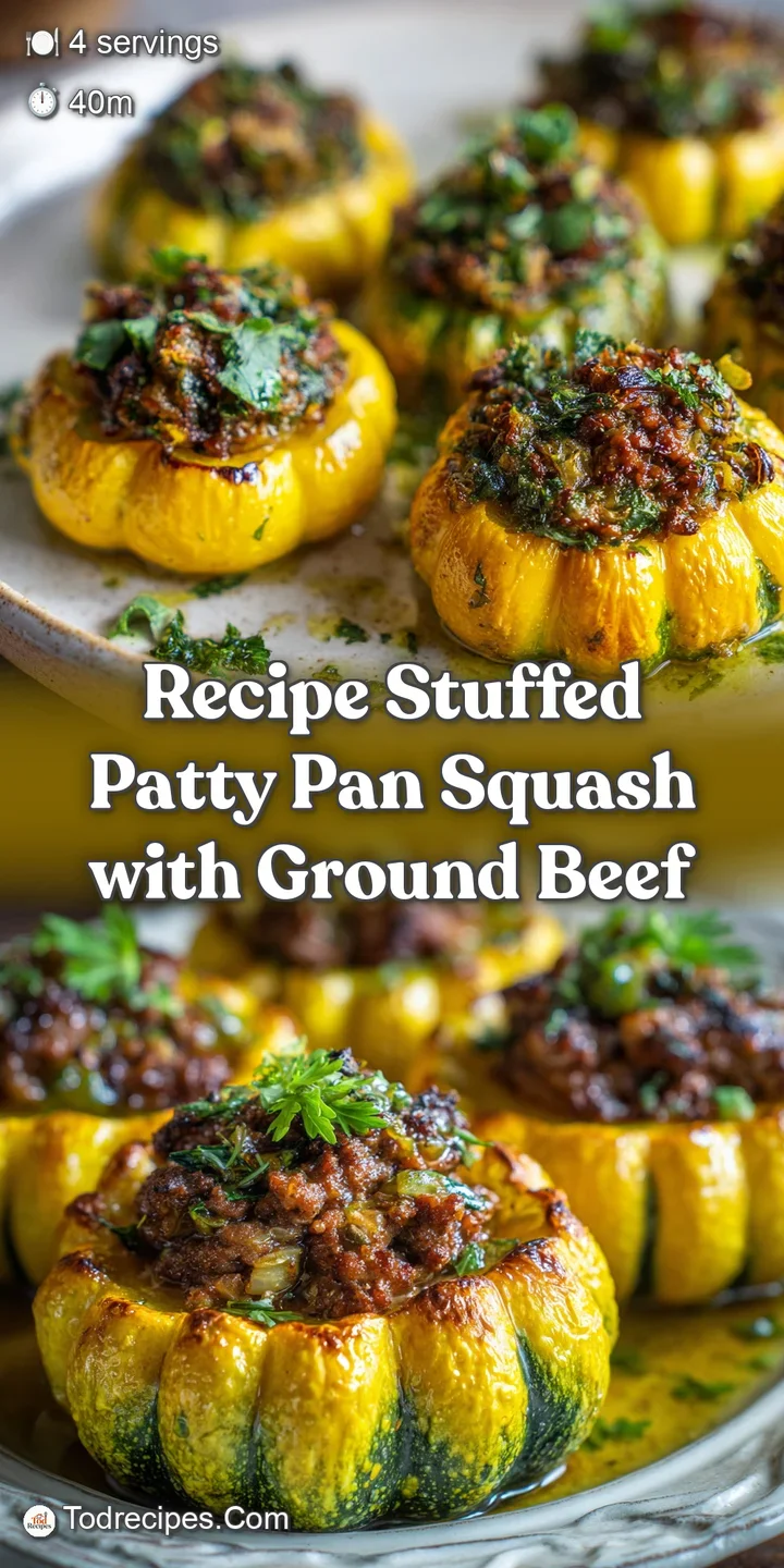 Close-up of a stuffed patty pan squash; filling bubbling and golden with herbs peeking out. Inviting and rustic.