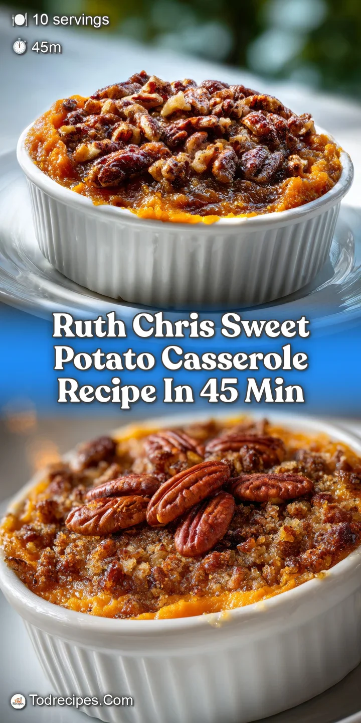 Close-up of sweet potato casserole showing the textures: soft sweet potato and crunchy, candied pecan topping.