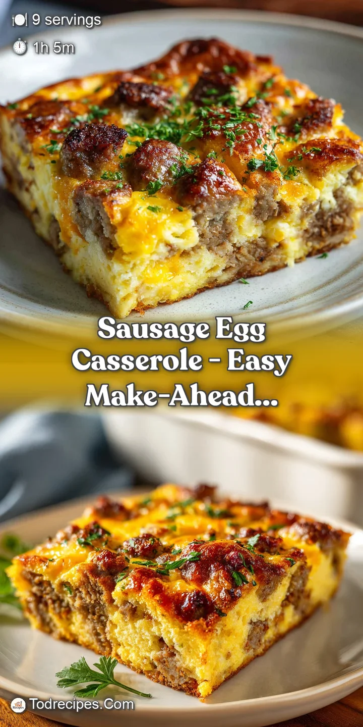 Close-up of a sausage casserole showing browned sausage, fluffy egg, and melted cheese with herbs. Texture looks soft and ...