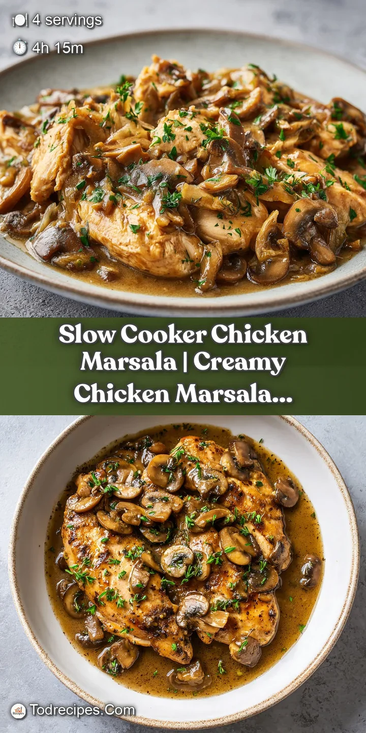 Close-up of succulent, pan-seared chicken breast glistening in a deep brown mushroom Marsala sauce with a hint of steam.