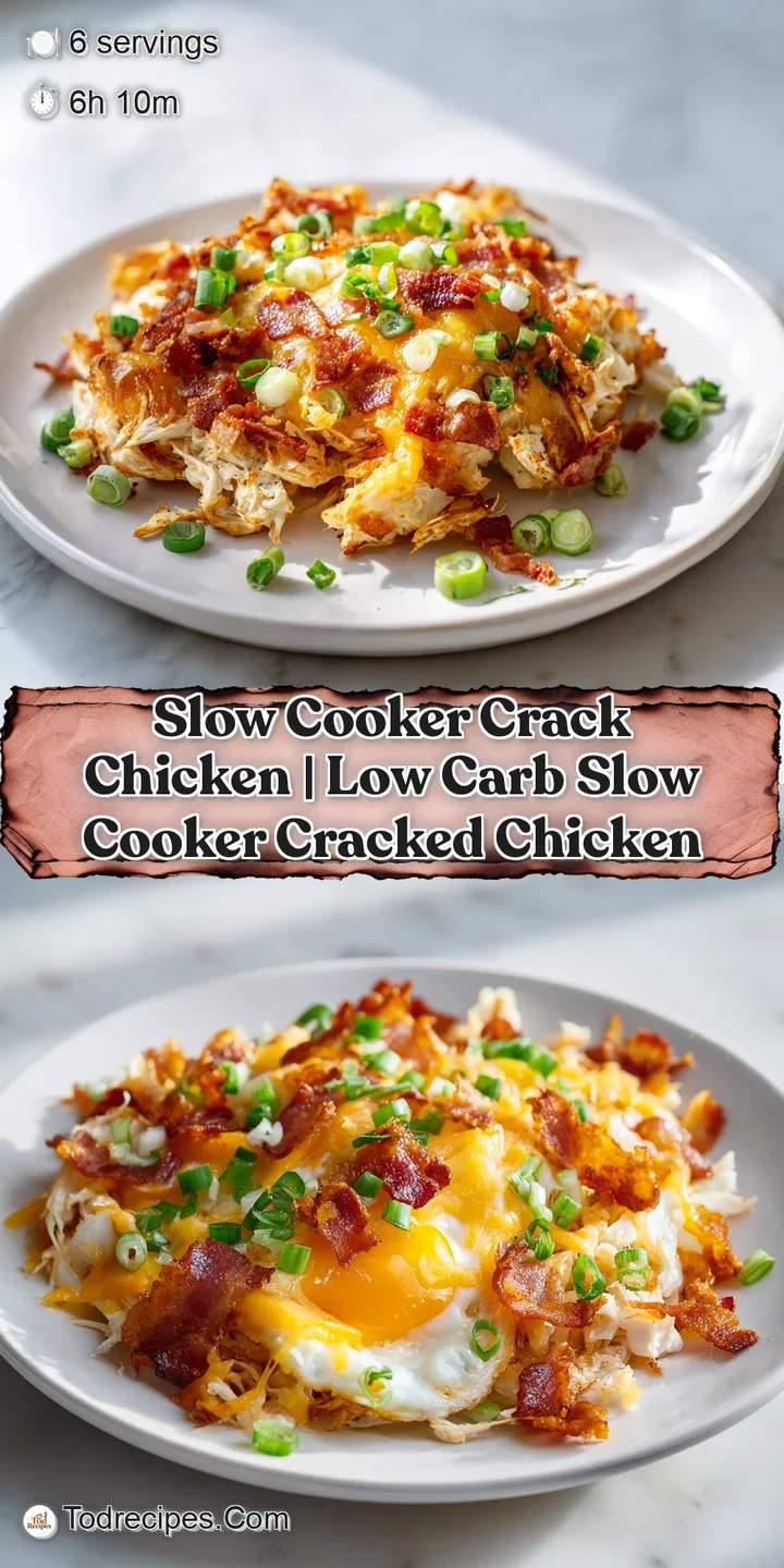 Close-up of tender, shredded chicken coated in a glossy, creamy sauce with salty, brown bacon crumbles and herbs.