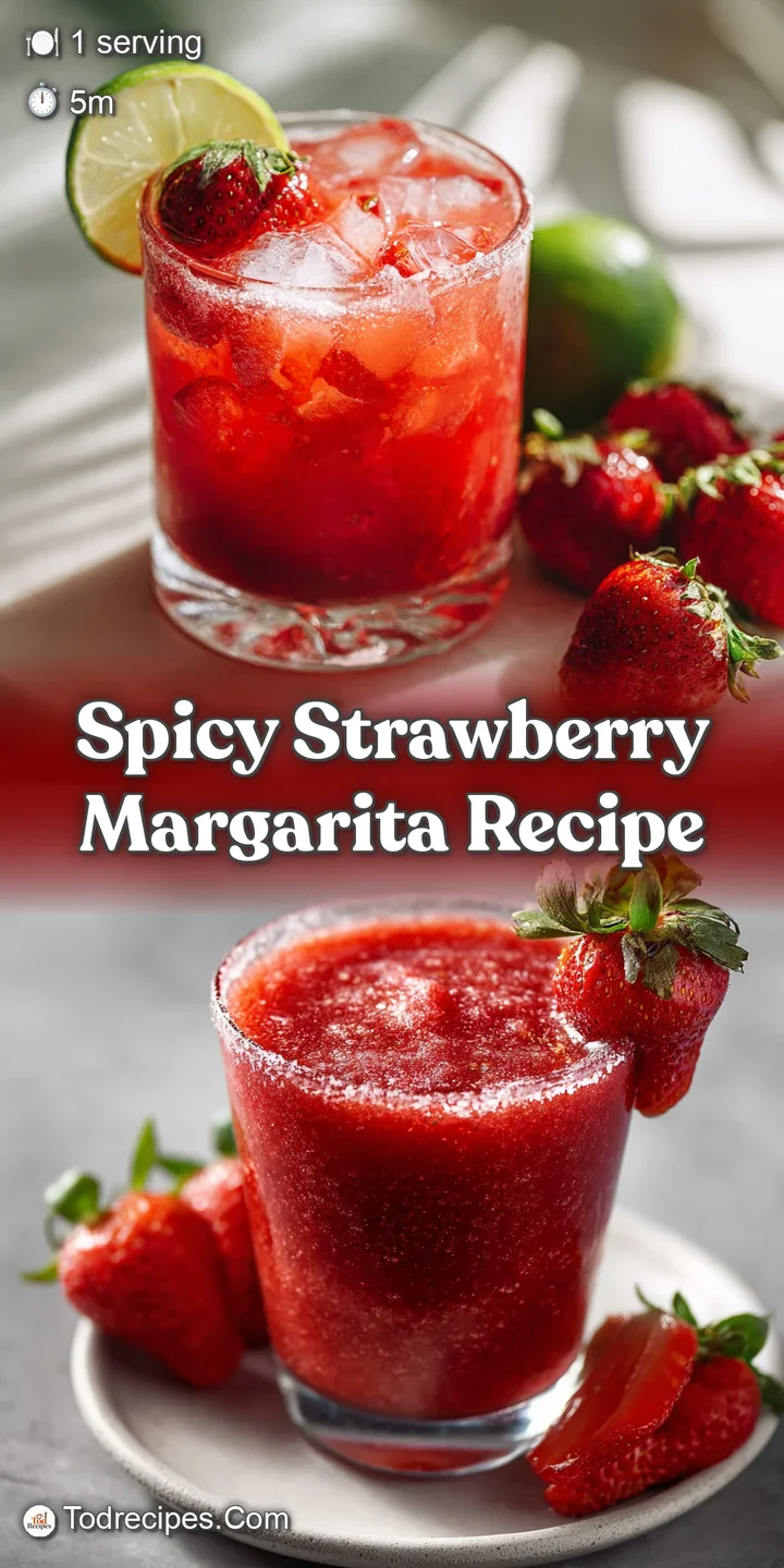 Close-up of a frosty strawberry margarita, showing ice crystals and strawberry pulp, garnished with a juicy, ripe strawberry.