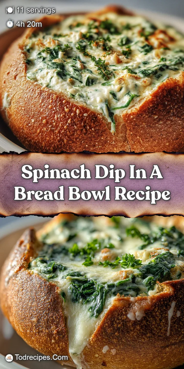 Close-up of cool, creamy spinach dip with visible herbs and spices, overflowing from a carved-out bread bowl with crusty t...