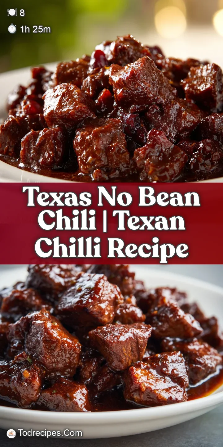 Close-up of rich, dark mahogany chili showing tender braised beef chunks and a glossy, thick, velvety sauce.
