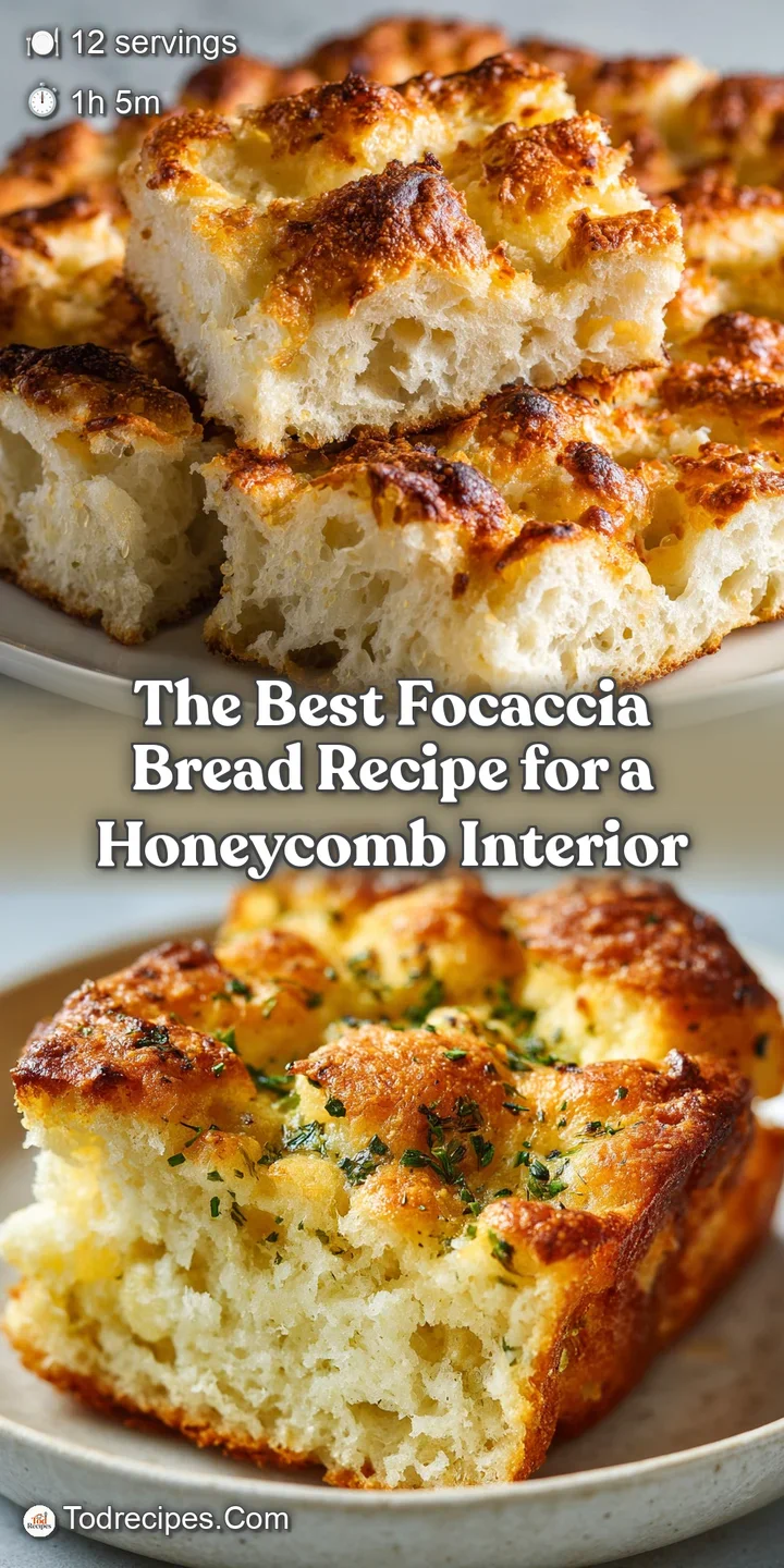 Close-up of focaccia showcasing golden brown crust and bubbling texture, glistening olive oil, and flakes of sea salt. Fre...