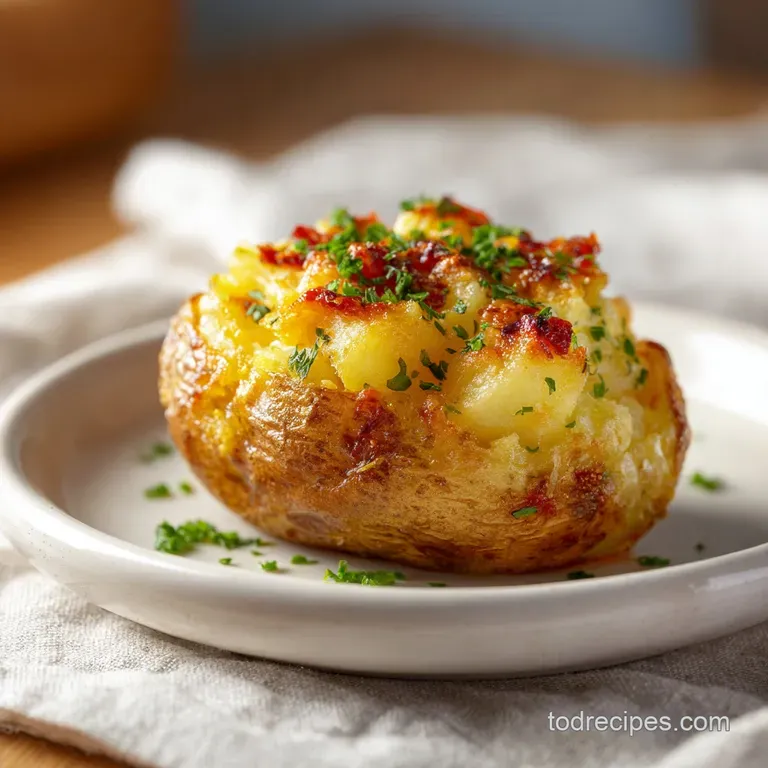 Perfectly browned potato balls artfully arranged on a white plate, drizzled with sauce.