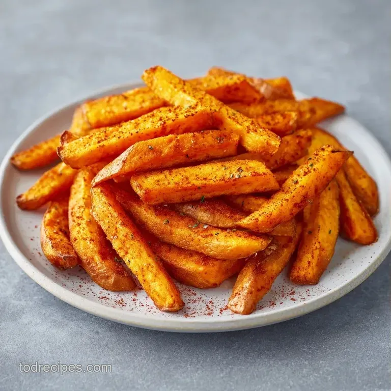 Neatly stacked orange fries on a dark slate platter beside a small bowl of creamy aioli and a sprig of parsley.