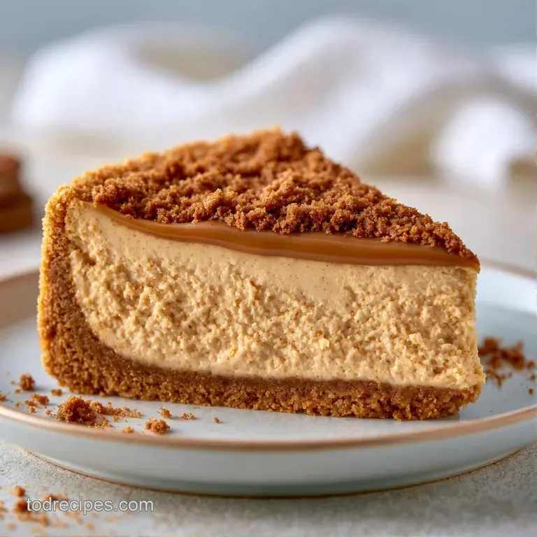 A slice of smooth tan cake on a white ceramic plate, topped with a golden biscuit and a swirl of caramel syrup.