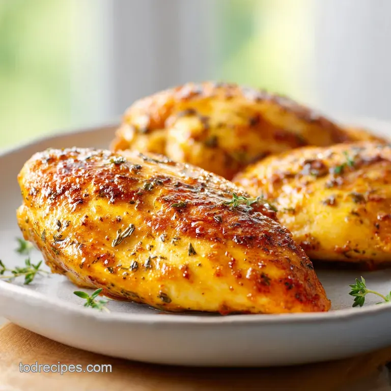 Sliced juicy chicken with a velvety melted cheese crust on a white plate, garnished with fresh green onion rings.