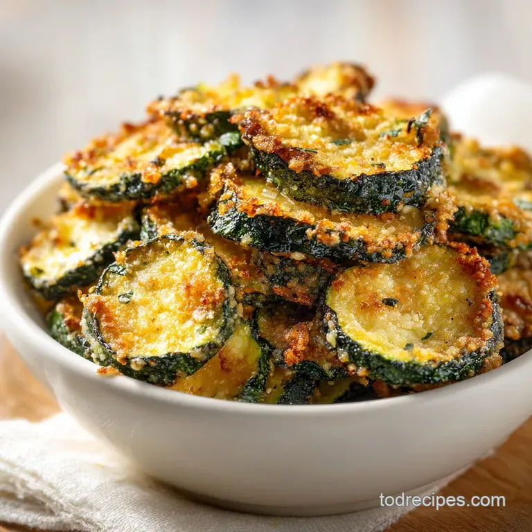 Delicate Parmesan zucchini chips fanned out on a white plate, glistening and tempting.