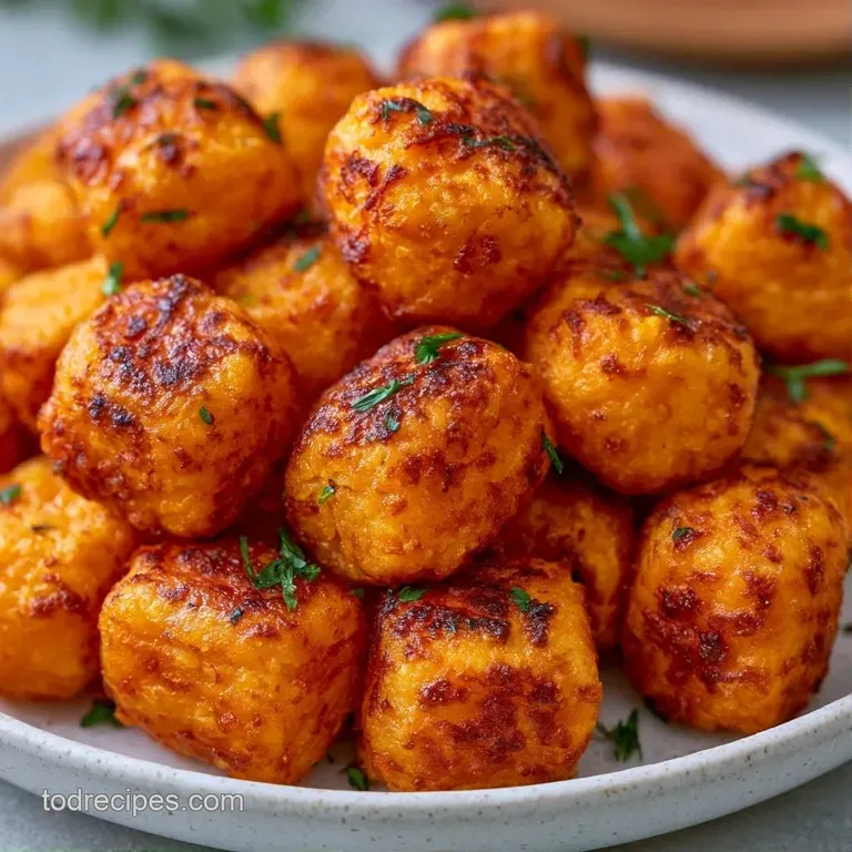 Small orange veggie nuggets neatly stacked on a white ceramic plate with a side of creamy dipping sauce and parsley.