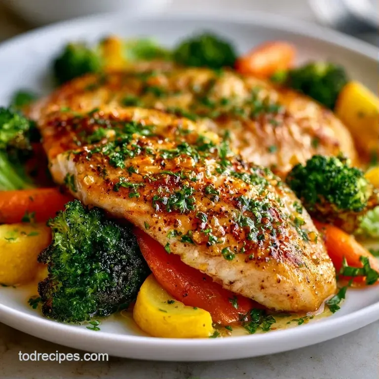 A golden-brown fish fillet perched on a colorful medley of tender carrots and bright green broccoli florets.