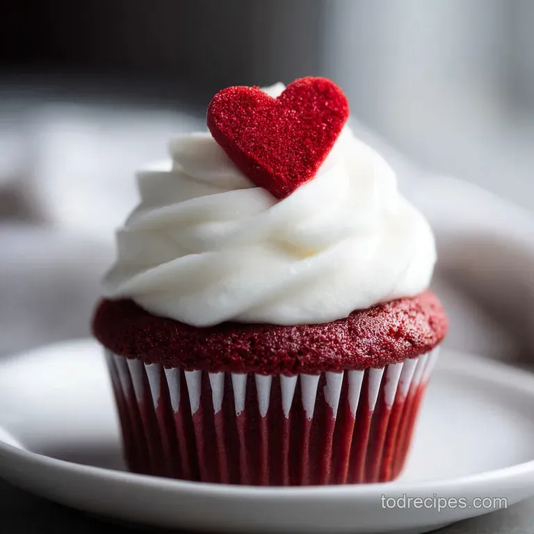 A perfectly frosted red velvet cupcake, adorned with a delicate heart candy, sits elegantly on a vintage-patterned plate.