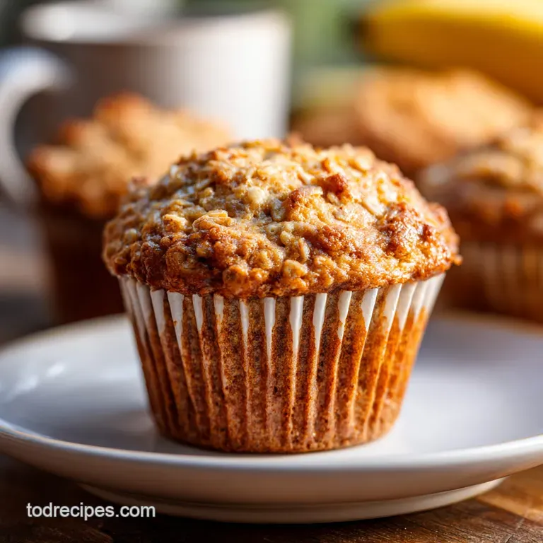 Warm banana oatmeal muffin halved to show the moist crumb texture, paired with a glass of milk. Comforting breakfast scene.