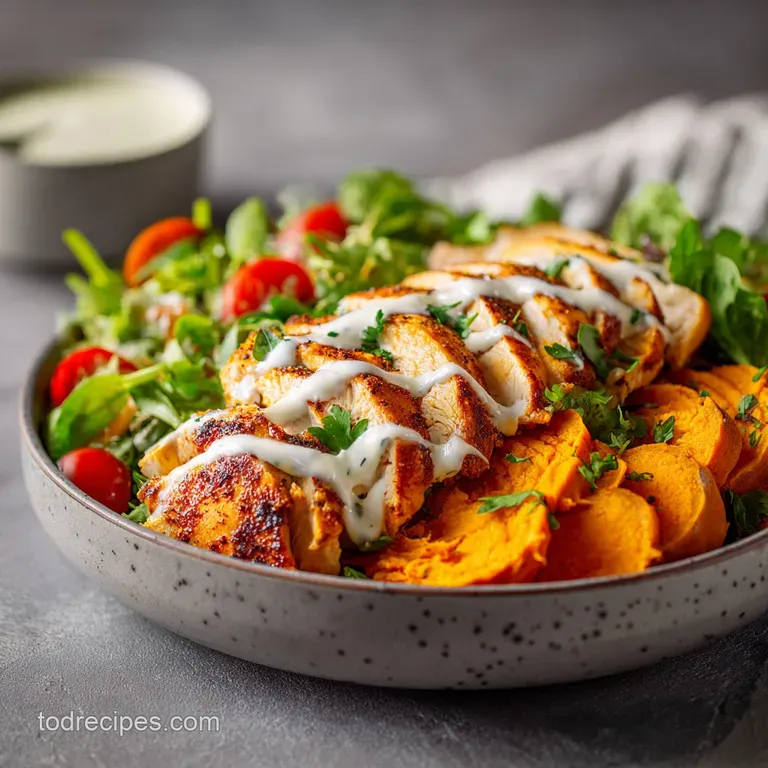 Perfectly arranged BBQ chicken and sweet potato bowl. Glossy sauce highlights tender chicken over colorful roasted vegetab...