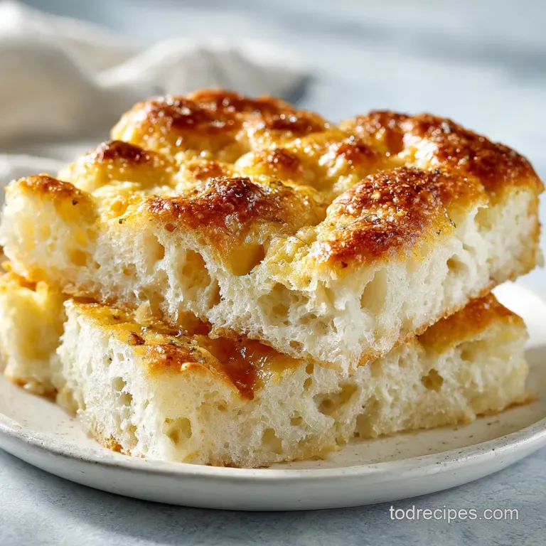Thick slice of focaccia bread with air pockets, steam rising. Crusty edges. A drizzle of oil pools on a white plate. Sprig...