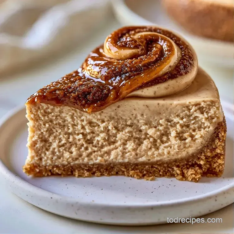 A plush round cheesecake on a marble slab, topped with a glossy brown swirl and a crisp speculoos biscuit.