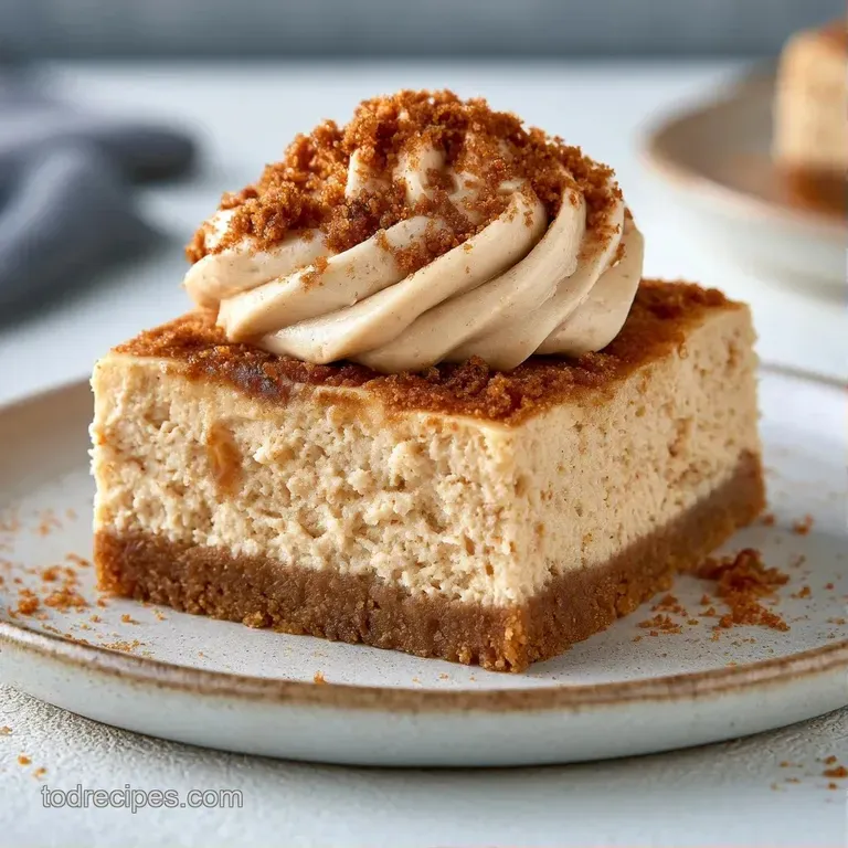 Neatly stacked caramel squares on a white plate, topped with golden biscuit crumbs and a drizzle of melted spread.