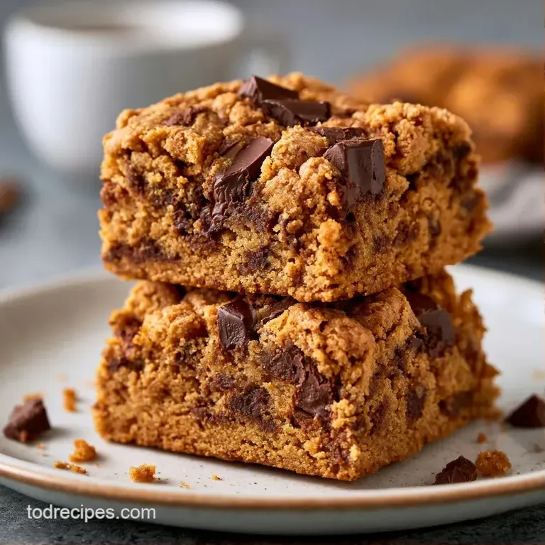 Square caramel-colored treats stacked neatly on a white ceramic plate, garnished with a single whole spiced cookie.