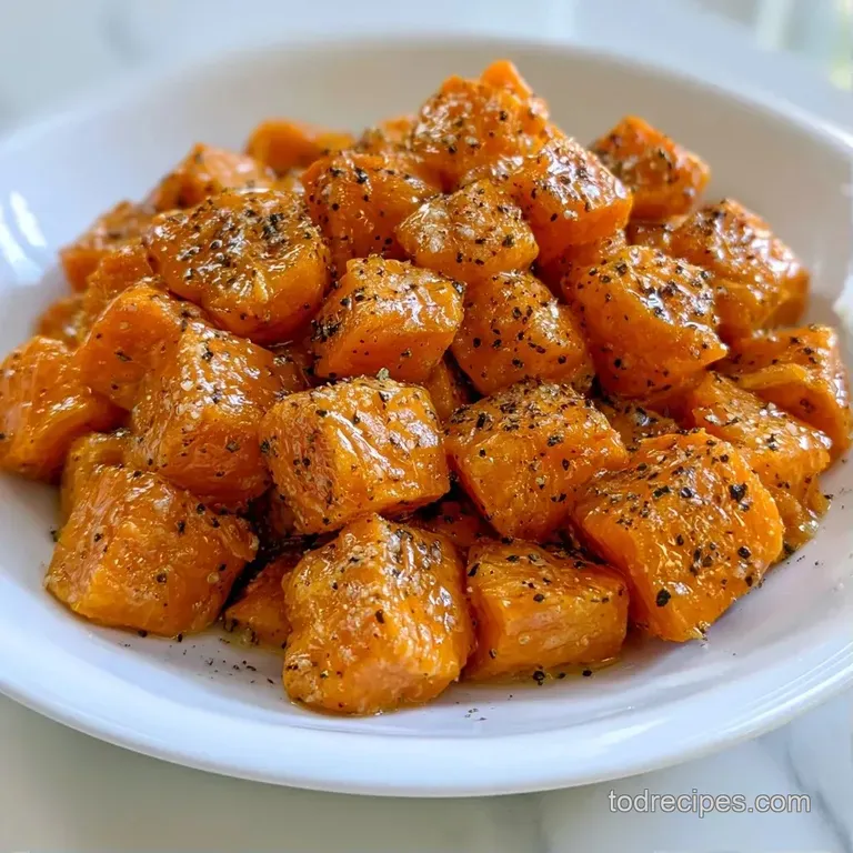 Soft orange sweet potato cubes on a white ceramic plate with a pat of melting butter and a fresh sprig of green thyme.