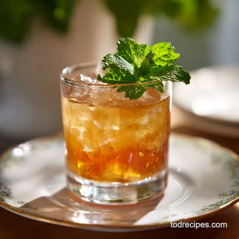 Elegant bourbon mint cocktail in a crystal glass, condensation clinging to the side, mint sprig and lemon spiral garnish, ...